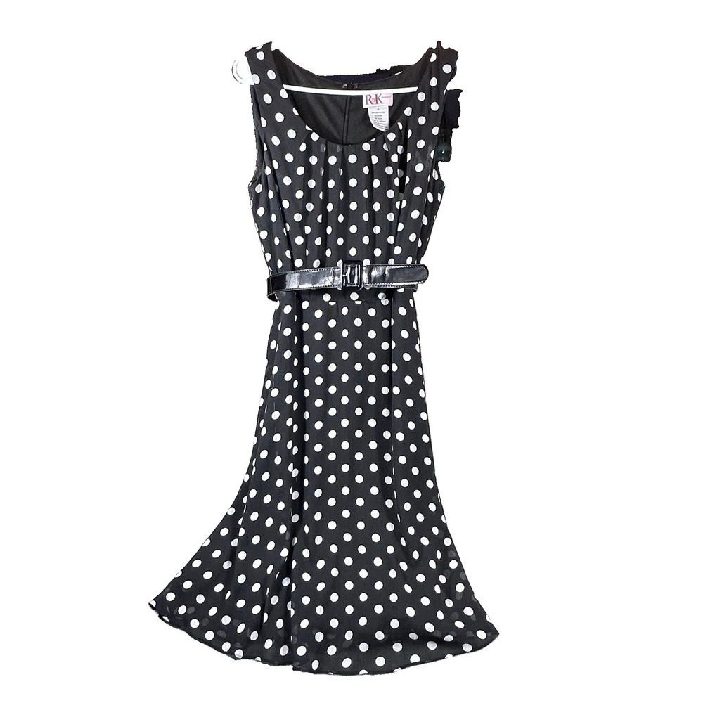 R&K Originals Midi Dress Sleeveless Belted Black White Polka Dot Sz 8 50's VTG